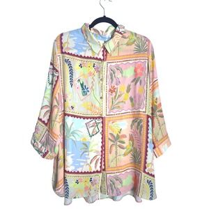 Tropical Boho‎ Bird Print Blouse Button Up Shirt 3/4 Sleeve
